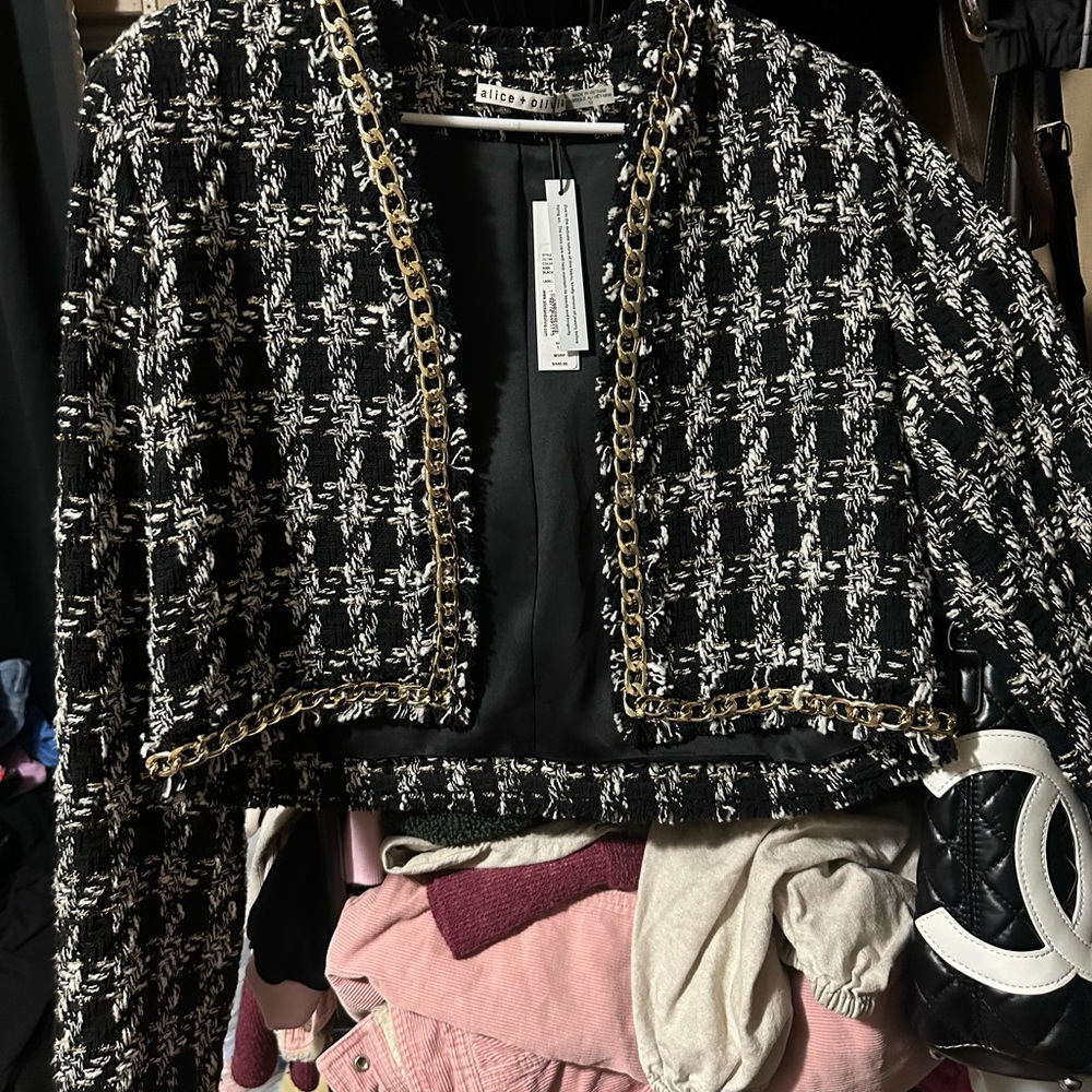 Alice + Olivia Black & White Tweed Cropped Blazer with Gold Chain Trim